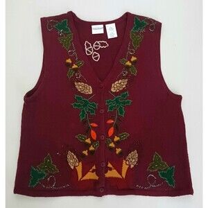 VTG Bobbie Brooks Burgundy Cotton Blend Fall Theme Knit Vest Sz L Applique Beads